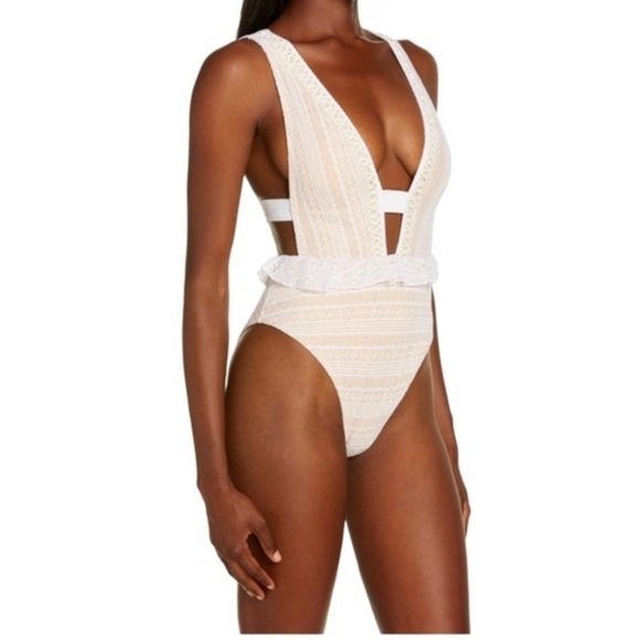 River Island Resort Peplum Plunge One Piece Swimsuit in White/Cream Sz 16 - Picture 3 of 10